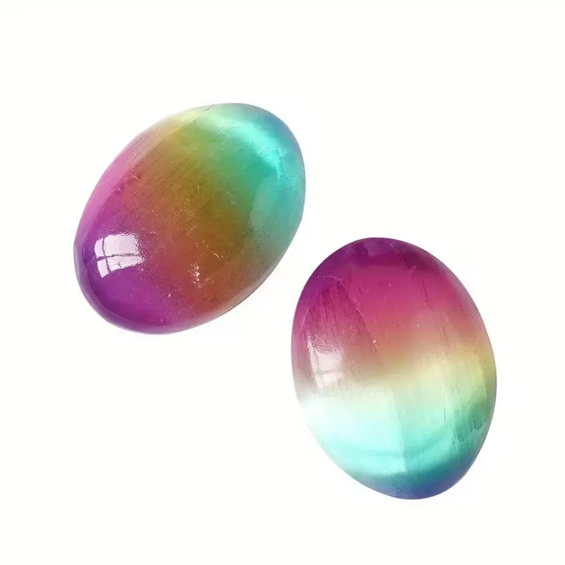 1pc Natural Aura Rainbow White Selenite Palm Stone